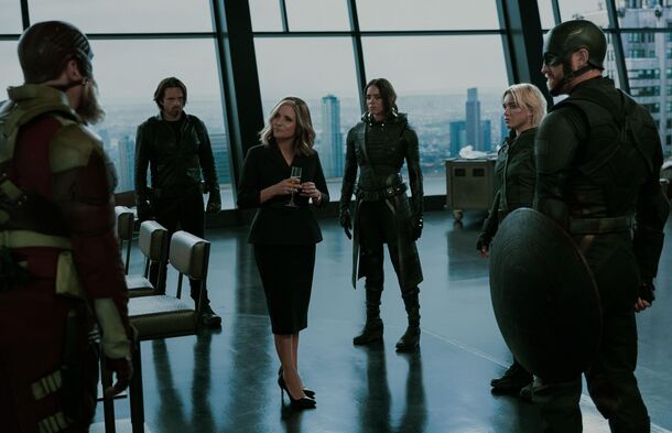 Julia Louis-Dreyfus as Valentina with the team in the tower in Thunderbolts* (2025). The post-credits scene shows the rebranded New Avengers spotting a Fantastic Four ship
