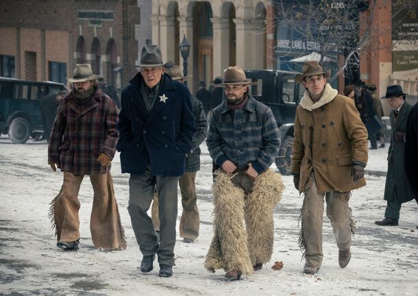 Lawmen walk down a snowbound street in 1923 (2022). Both seasons of the Yellowstone prequel stream in the US only on Paramount+