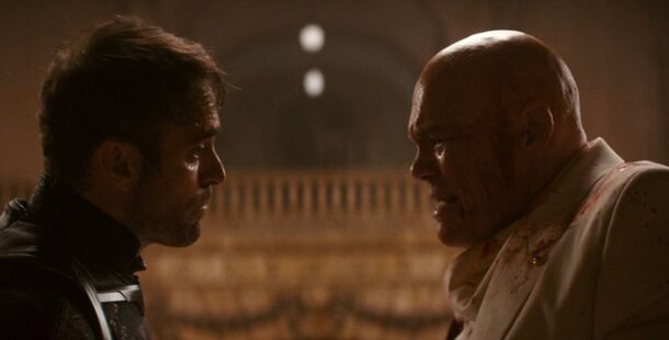 Charlie Cox and Vincent D'Onofrio in Daredevil: Born Again (2025). In season 2, Jessica Jones works with Matt Murdock against Mayor Wilson Fisk