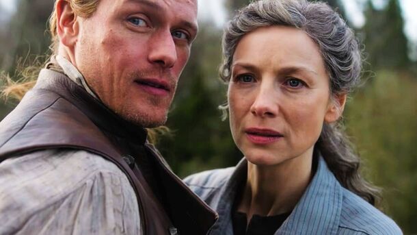 Caitríona Balfe and Sam Heughan in Outlander (2014). Balfe spent eight seasons on the show before playing Mrs. Dashwood in Sense and Sensibility