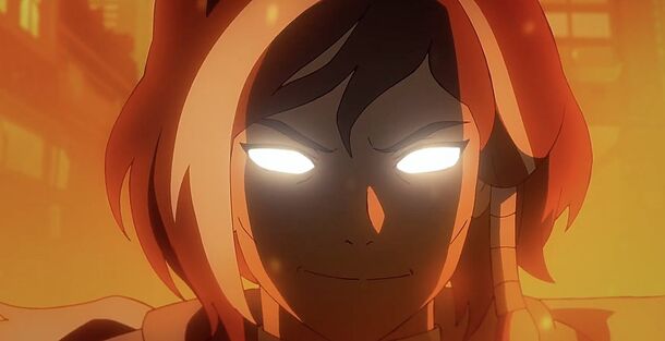 The glowing eyes of the Avatar State in Avatar: Seven Havens (2026). In this world, 225 years after The Legend of Korra, the Avatar is hunted rather than celebrated