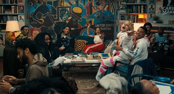 The Hillman students in the dorm lounge in Netflix's A Different World