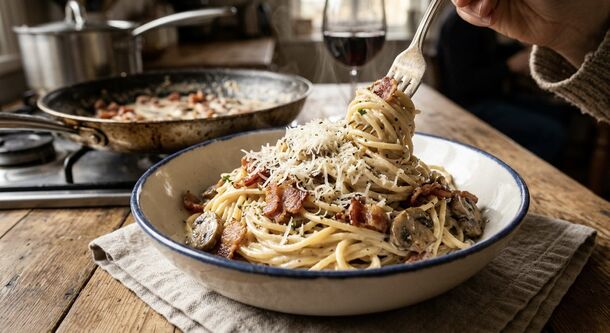 This 15-Minute Creamy Bacon and Mushroom Spaghetti Is an Absolute Lifesaver