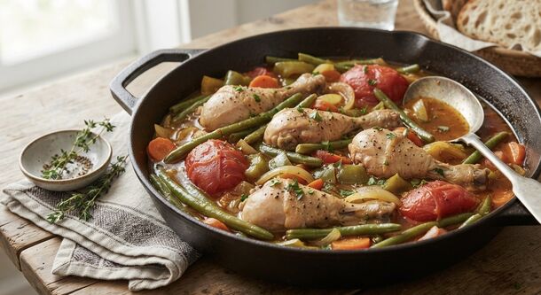 This Healthy One-Skillet Chicken and Veggie Stew Uses Absolutely Zero Oil