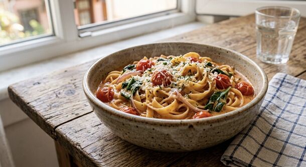 One-Pan Creamy Tomato and Spinach Pasta That Skips the Boiling Process
