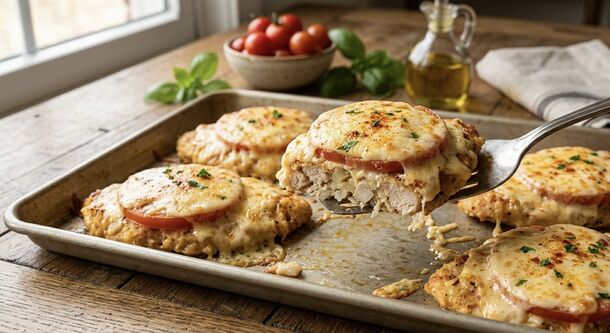 Oven-Baked French-Style Cutlets: Juicy Chicken Patties with Sliced Tomato and a Melted Cheese Blanket