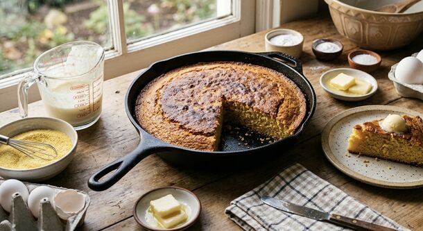Traditional American Cornbread Cooks Up Golden and Crumbly in a Cast Iron Skillet