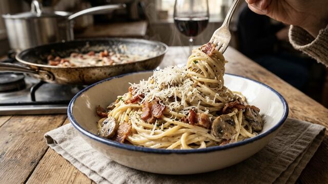 This 15-Minute Creamy Bacon and Mushroom Spaghetti Is an Absolute Lifesaver