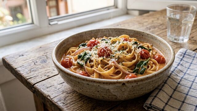 One-Pan Creamy Tomato and Spinach Pasta That Skips the Boiling Process