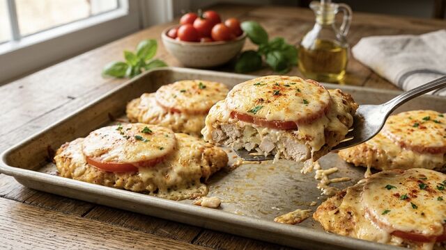 Oven-Baked French-Style Cutlets: Juicy Chicken Patties with Sliced Tomato and a Melted Cheese Blanket