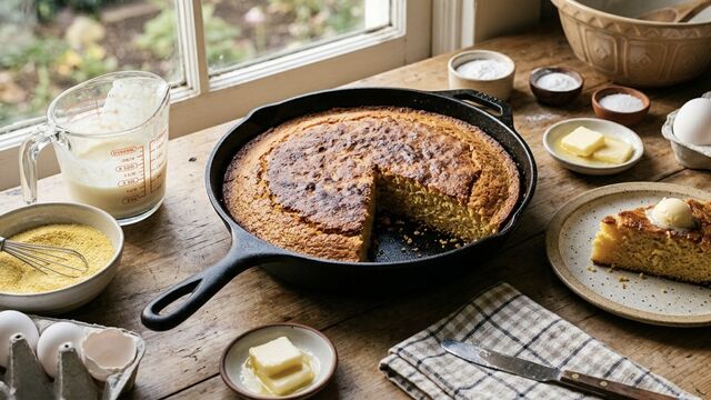 Traditional American Cornbread Cooks Up Golden and Crumbly in a Cast Iron Skillet