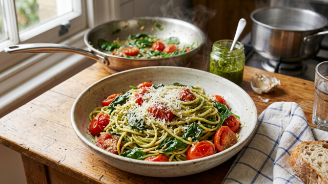 This 12-Minute Pesto Spaghetti Is the Ultimate Lazy Weeknight Dinner